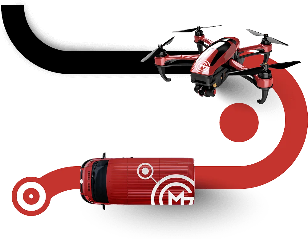 Media Global Group branded drone, car and target illustrating global reach